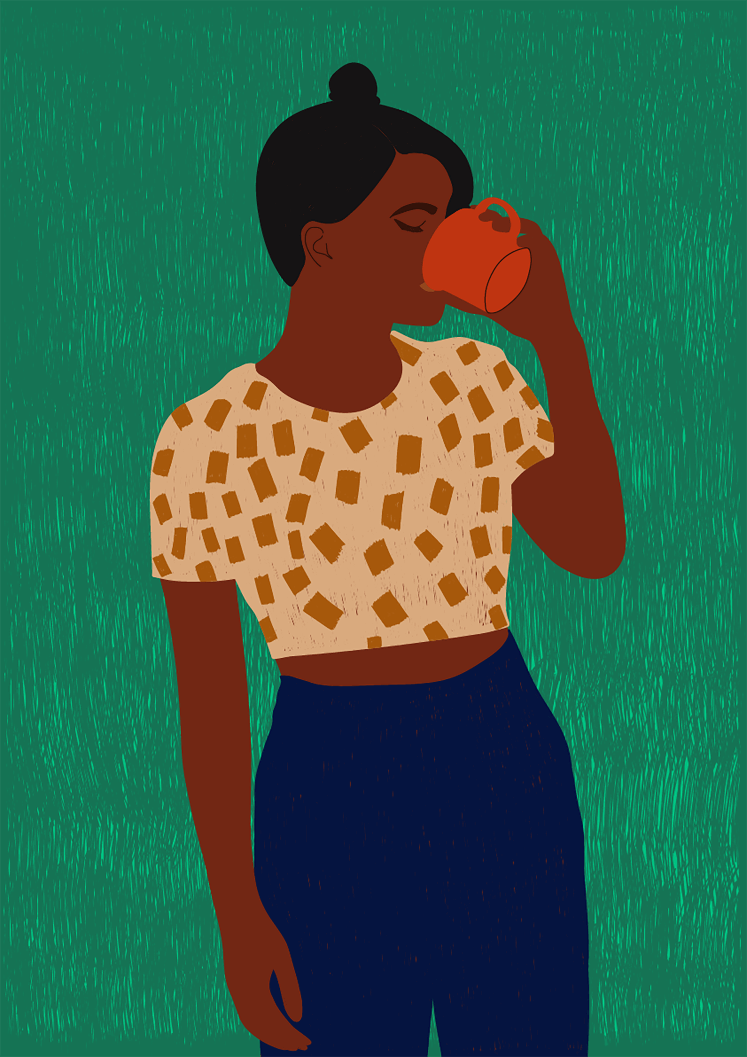 A dark skinned woman drinking a cup of coffee illustration by Kate Phoenix